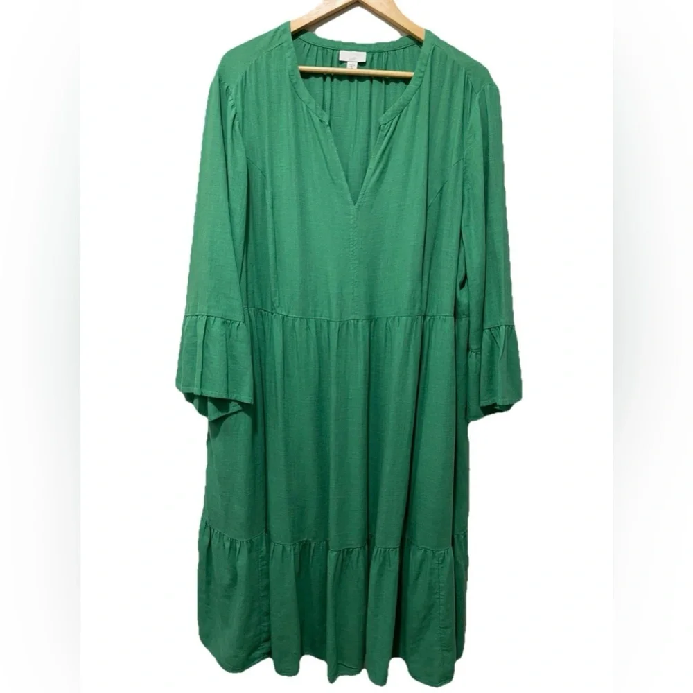 J.Jill Kelly Green Linen Blend Midi Dress V-Neck Tiered Bell Sleeve 2X - Picture 2 of 7